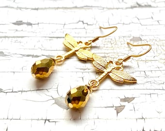 Crystal drop and dragonfly earrings, Outlander jewelry, Outlander inspired, bookish gift, gift for her, gold, fandom jewelry, handmade
