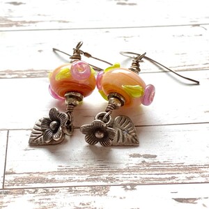 Sterling silver and handmade lampwork bead earrings, one of a kind artisan jewelry, flower and leaves earring pair, lampwork jewellery,