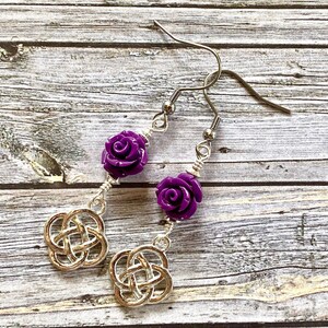 Celtic earrings, Outlander inspired, Outlander jewelry, celtic jewelry, purple rose, silver, scottish, celtic knot, fandom jewelry, handmade image 1