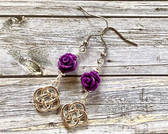 Celtic earrings, Outlander inspired, Outlander jewelry, celtic jewelry, purple rose, silver, scottish, celtic knot, fandom jewelry, handmade