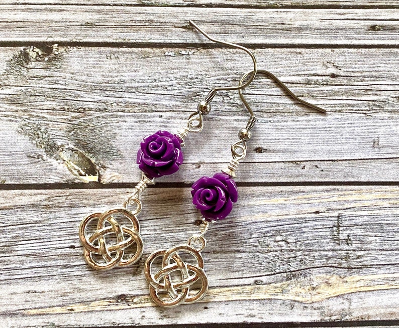 Celtic earrings, Outlander inspired, Outlander jewelry, celtic jewelry, purple rose, silver, scottish, celtic knot, fandom jewelry, handmade image 1