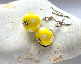 One of a kind earring pair, Sunny yellow with white polka dots artisan lampwork beads, artisan earrings, jewelry, handmade