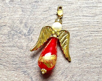 One of a kind guardian angel ornament, angel pendant, red glass and real 24K gold leaf, handmade lampwork, artisan made,PerpetuaFelicitas