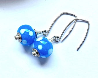 Sterling silver earrings with artisan lampwork beads, one of a kind artisan jewelry, blue with white polkadot earrings, lampwork jewellery,