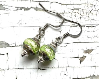 Handmade lampwork bead earrings, light green, wishing stone jewelry, light weight earrings, sparkling stones, bookish jewelry, handmade