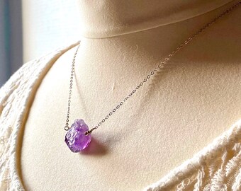 Sterling silver dainty necklace with a wirewrapped rough amethyst gemstone crystal, crystal pendant, spiritual jewelry,  handmade