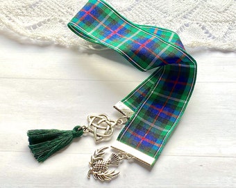 Outlander inspired bookmark, tartan ribbon, Highlands, thistle, celtic knot, Mackenzie tartan, Roger and Brianna, Scotland,  handmade