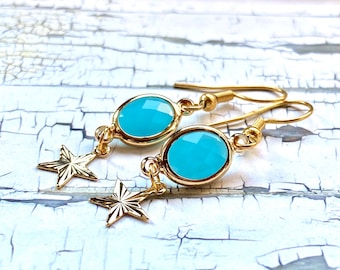 Stainless steel gold plated earring pair, Star Fall earings, blue opal, ACOTAR, fandom jewelry, To the stars who listen, handmade