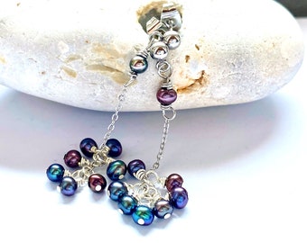 Cultured pearl cluster earrings, one of a kind artisan jewelry, antiallergic surgical steel earing pair, Rainbow pearls, Perpetuafelicitas