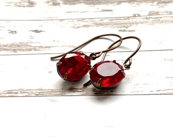 Blood red vintage crystal earrings, artisan jewelry, one of a kind, lightweight bronze earring pair, PerpetuaFelicitas