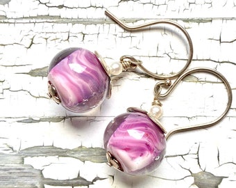 Sterling silver and handmade lampwork beads earrings, pink striped bubbles, bookish jewelry, handmade