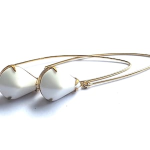 Gold filled earrings with vintage french white glass drops, bridal jewelry, large statement earrings, artisan jewelry, gift for her