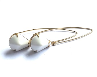 Gold filled earrings with vintage french white glass drops, bridal jewelry, large statement earrings, artisan jewelry, gift for her