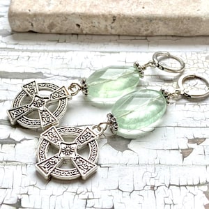Celtic cross and prasiolite gemstone earrings, celtic jewelry, celtic cross, scottish, irish, Outlander inspired