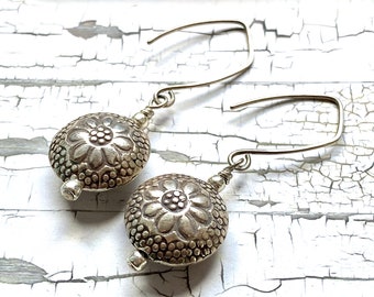 Bali silver beads earrings,  sterling silver earrings, artisan jewelry, minimalist jewelry, bookish jewelry, handmade, Perpetuafelicitas