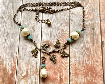 Bronze pearl necklace, regency era inspired jewelry, autumn jewelry
