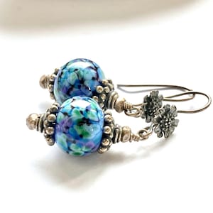 Purple and blue romantic sterling silver and handmade lampwork beads earrings, artisan jewelry, handmade