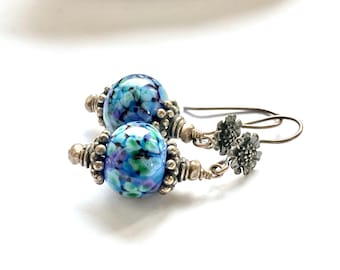 Purple and blue romantic sterling silver and handmade lampwork beads earrings, artisan jewelry, handmade