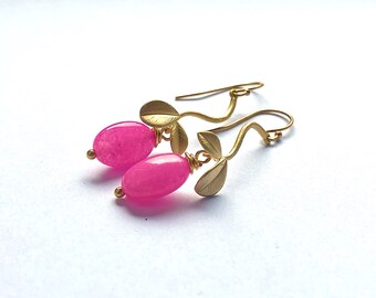 Gold filled matte leaf earrings, pink jade, romantic earrings, floral jewelry, handmade, gold filled jewelry, gift for her