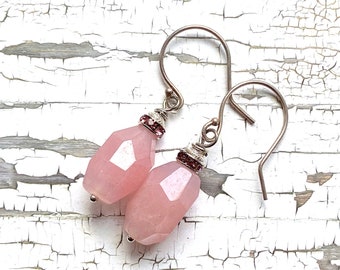 Sterling silver and rose quartz earrings, large faceted crystal, pink earrings, statement earrings, handmade jewelry, Perpetuafelicitas