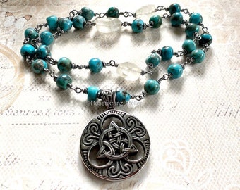 Necklace, Celtic pendant, turquoise, celtic jewelry, Triquetra, cosplay, Outlander inspired, fantasy jewelry, fandom jewelry, handmade