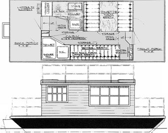 May include: A black and white line drawing of a houseboat floor plan with a front porch, back porch, and a cabin with a galley, dinette, toilet, shower, and storage. The drawing also includes a side view of the houseboat.