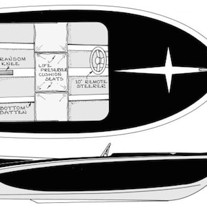 May include: A black and white line drawing of a boat with a top view and side view. The top view shows the interior of the boat with labels for "Transom Knee", "Life Preserver Cushion Seats", and "10' Remote Steerer". The side view shows the exterior of the boat.