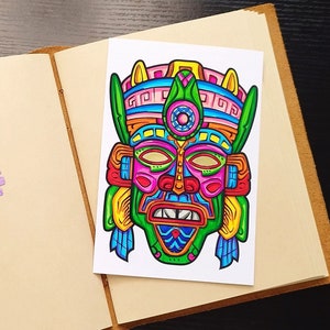 Original handgemalte Zeichnung/ Zeichnung Azteken Maske, Inka Maske, Maya Maske, Ritual Maske, Marker Malerei, 10x15cm Bild 2