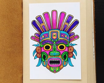 Original hand-painted drawing aztec mask, inca mask, mayan mask, ritual mask, marker painting, 4x6 inches