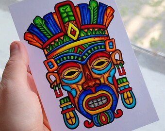 Original hand-painted drawing aztec mask, inca mask, mayan mask, ritual mask, marker painting, 4x6 inches