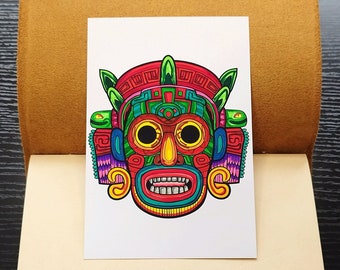 Original hand-painted drawing aztec mask, inca mask, mayan mask, ritual mask, marker painting, 4x6 inches