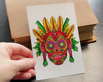 Original hand-painted drawing aztec mask, inca mask, mayan mask, ritual mask, marker painting, 4x6 inches