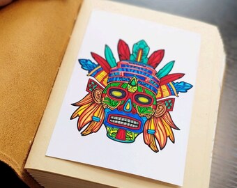 Original hand-painted drawing aztec mask, inca mask, mayan mask, ritual mask, marker painting, 4x6 inches