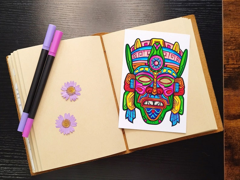 Original handgemalte Zeichnung/ Zeichnung Azteken Maske, Inka Maske, Maya Maske, Ritual Maske, Marker Malerei, 10x15cm Bild 2