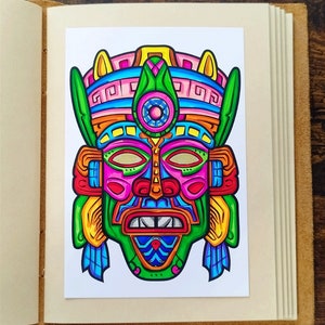 Original handgemalte Zeichnung/ Zeichnung Azteken Maske, Inka Maske, Maya Maske, Ritual Maske, Marker Malerei, 10x15cm Bild 1