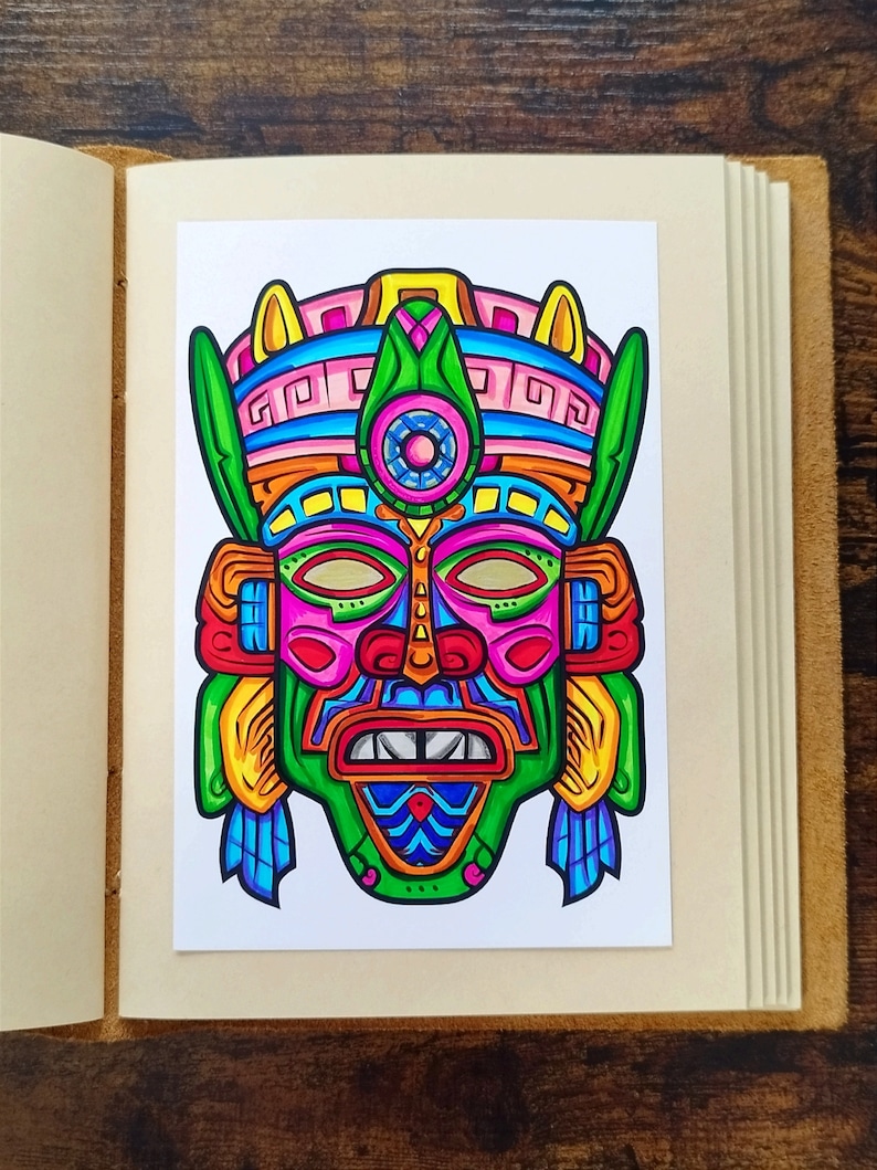 Original handgemalte Zeichnung/ Zeichnung Azteken Maske, Inka Maske, Maya Maske, Ritual Maske, Marker Malerei, 10x15cm Bild 1