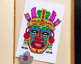 Maschera azteca con disegno originale dipinto a mano, maschera inca, maschera maya, maschera rituale, pittura con pennarelli, 4x6 pollici