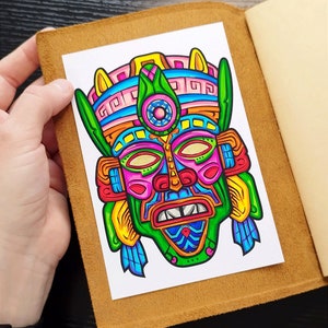 Original handgemalte Zeichnung/ Zeichnung Azteken Maske, Inka Maske, Maya Maske, Ritual Maske, Marker Malerei, 10x15cm Bild 3