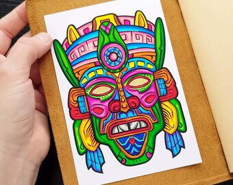 Original hand-painted drawing aztec mask, inca mask, mayan mask, ritual mask, marker painting, 4x6 inches