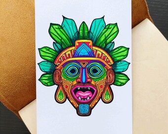 Masque aztèque dessin original peint à la main, masque inca, masque maya, masque rituel, peinture au marqueur, 4 x 6 pouces