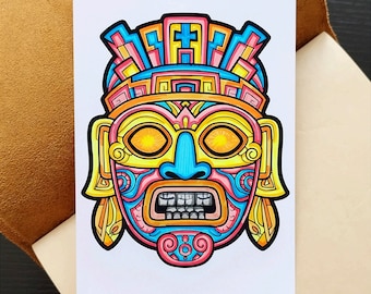 Original hand-painted drawing aztec mask, inca mask, mayan mask, ritual mask, marker painting, 4x6 inches