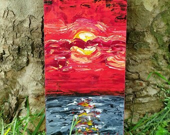 Crimson Sunset Oil Painting Impasto Original Art