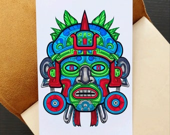 Original handgemalte Zeichnung Aztekenmaske, Inkamaske, Mayamaske, Ritualmaske, Markermalerei, 4x6 Zoll