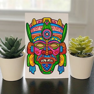 Original handgemalte Zeichnung/ Zeichnung Azteken Maske, Inka Maske, Maya Maske, Ritual Maske, Marker Malerei, 10x15cm Bild 4