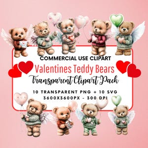 Acquerello San Valentino Baby Bear Collection Clipart, Clipart di San Valentino, Orso con palloncini PNG, Teddy Bear PNG, Uso commerciale