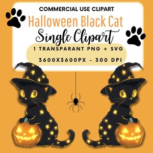 Single Halloween Black Cat Clipart, Watercolor Kitten Clipart, Halloween PNG, Spooky Halloween, Scrapbook, Paper Crafts, PNG and SVG