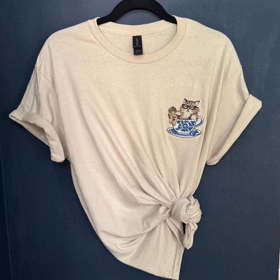 Cute Cat Shirt, Embroidered Kitty in Teacup,  Custom Kitten T Shirt, Gift for Mothers Day