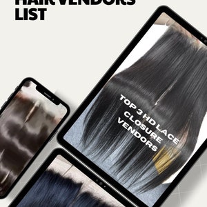 May include: Image featuring three digital devices displaying hair products. The text "HD LACE CLOSURE HAIR VENDORS LIST" is at the top. One tablet shows a close-up of black hair, with the text "TOP 3 HD LACE CLOSURE VENDORS".