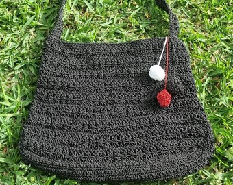 Crochet shoulder bag,black shoulder bag,cotton shoulder bag,pompom shoulder bag,tote bag