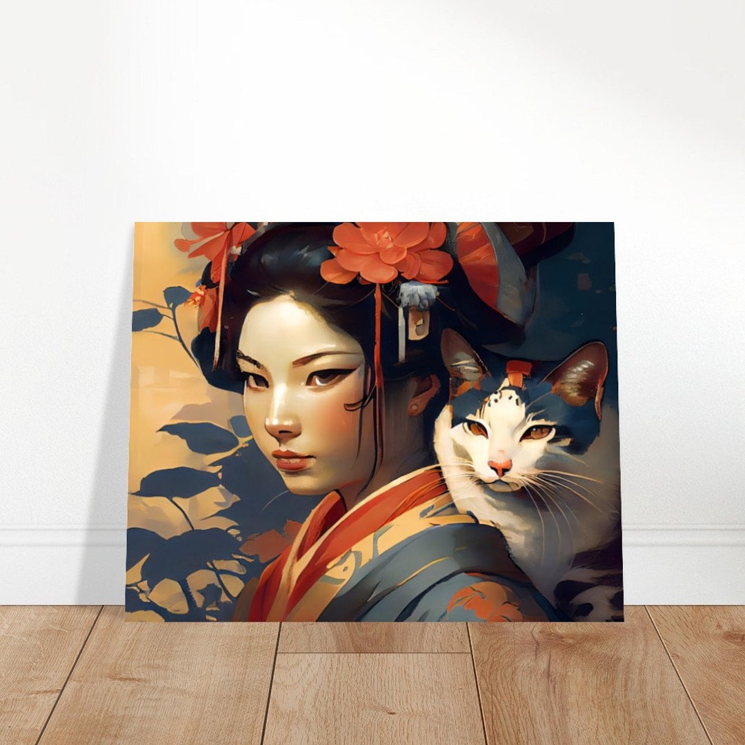 Geisha Poster Japanese Print Geisha Art Print Vintage Cat Painting Cat ...